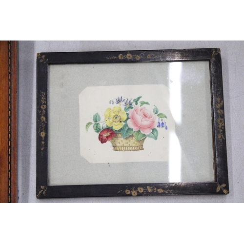 114 - A FRAMED AND GLAZED 19TH CENTURY WATERCOLOUR OF FLOWERS - 8.5 X 10 CM, AN UNUSUAL FRAMED PICTURE OF ... 