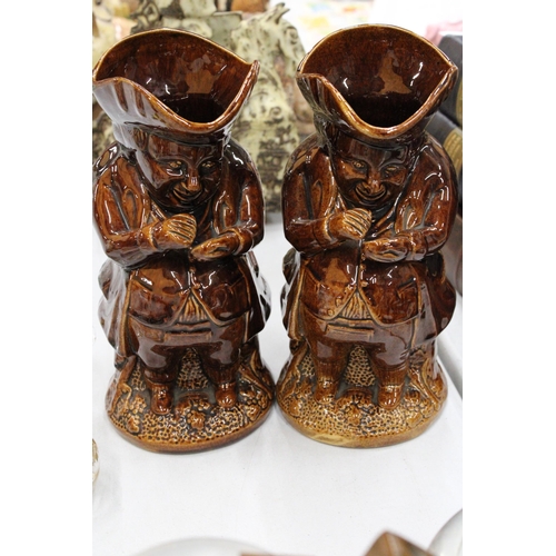 120 - A PAIR OF VINTAGE ROCKINGHAM TREACLE GLAZED TOBY JUGS - SNUFF TAKER WITH HAT, HEIGHT 24CM