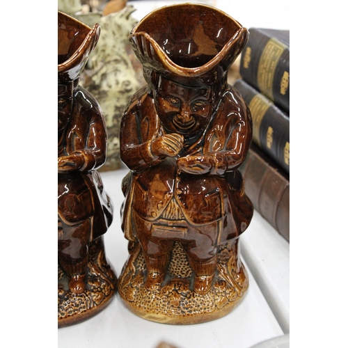 120 - A PAIR OF VINTAGE ROCKINGHAM TREACLE GLAZED TOBY JUGS - SNUFF TAKER WITH HAT, HEIGHT 24CM