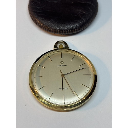 747 - A GOLD PLATED OMEGA DE VILLE POCKET WATCH 42MM DIAMETER FACE WITHOUT CROWN WINDER, BROWN LEATHER CAS... 