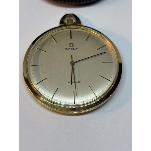 747 - A GOLD PLATED OMEGA DE VILLE POCKET WATCH 42MM DIAMETER FACE WITHOUT CROWN WINDER, BROWN LEATHER CAS... 