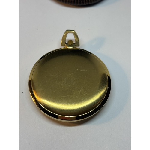 747 - A GOLD PLATED OMEGA DE VILLE POCKET WATCH 42MM DIAMETER FACE WITHOUT CROWN WINDER, BROWN LEATHER CAS... 