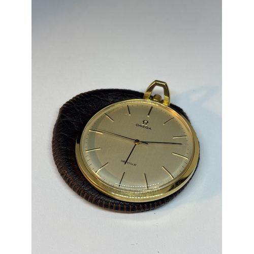 747 - A GOLD PLATED OMEGA DE VILLE POCKET WATCH 42MM DIAMETER FACE WITHOUT CROWN WINDER, BROWN LEATHER CAS... 