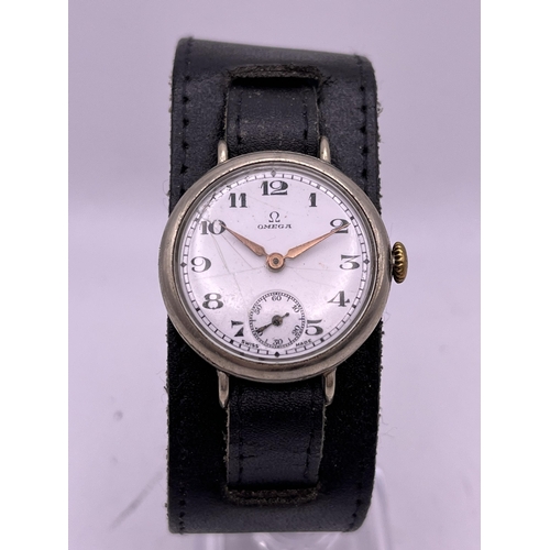 503 - A 1930'S OMEGA OFFICERS TRENCH WRIST WATCH 31MM DIAL