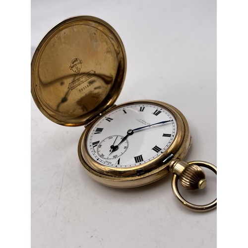 506 - AN ANTIQUE GOLD FILLED FULL HUNTER GENTS POCKET WATCH 51MM DIAMETER