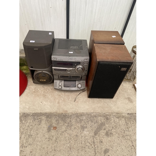 2363 - A SONY STEREO SYSTEM, SONY SPEAKER AND TWO WOODEN CASED SPEAKERS