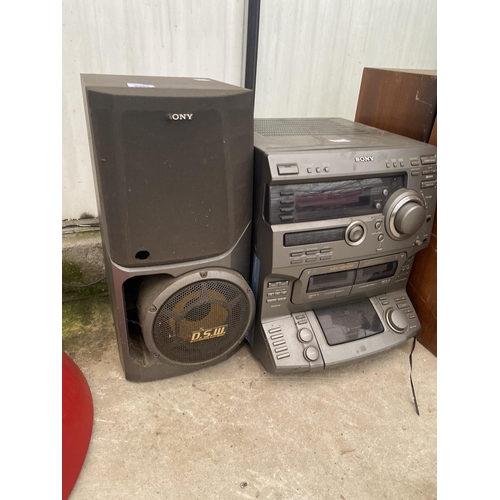 2363 - A SONY STEREO SYSTEM, SONY SPEAKER AND TWO WOODEN CASED SPEAKERS