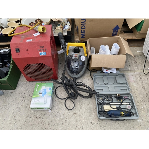 2374 - AN ASSORTMENT OF ITEMS TO INCLUDE A 110V HEATER AND A DREMMEL STYLE DRILL ETC