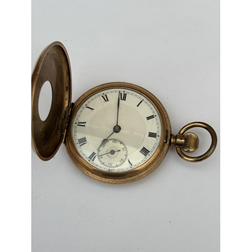 561 - A MID CENTURY ELGIN USA GOLD PLATED HALF HUNTER POCKET WATCH