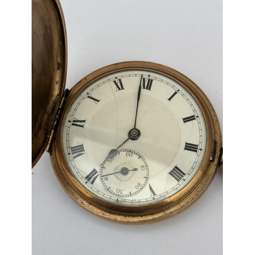 561 - A MID CENTURY ELGIN USA GOLD PLATED HALF HUNTER POCKET WATCH