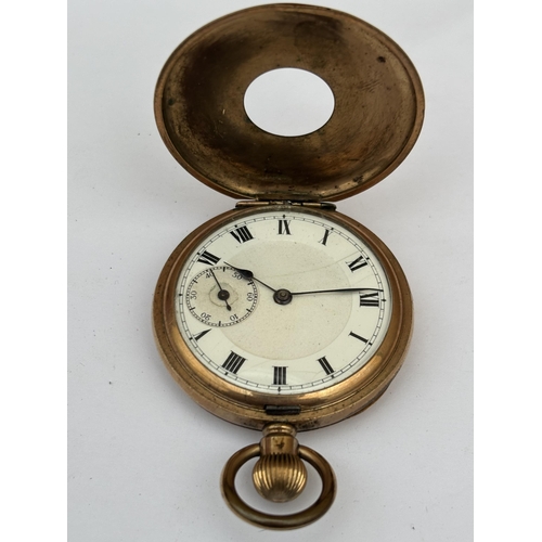 561 - A MID CENTURY ELGIN USA GOLD PLATED HALF HUNTER POCKET WATCH