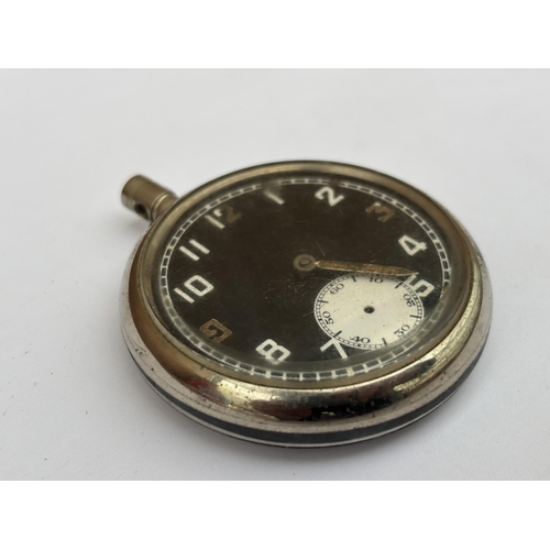 564 - A VINTAGE BLACK FACED MILITARY POCKET WATCH MARKED G.S.T.P L 4521