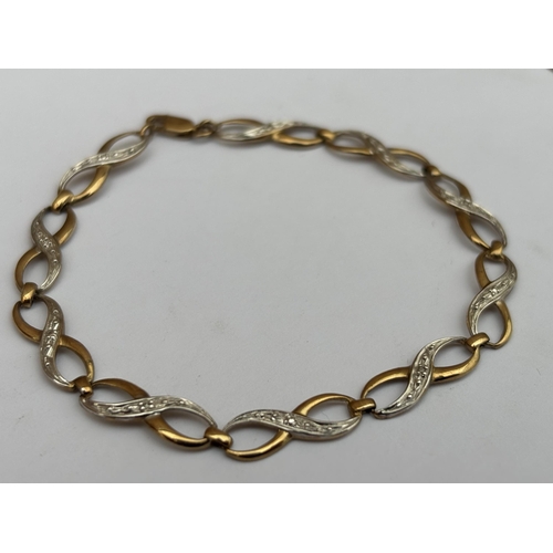 568 - A HALLMARKED 9CT WHITE AND YELLOW GOLD DIAMOND BRACELET, LENGTH 19 CM, WEIGHT 3.6 G