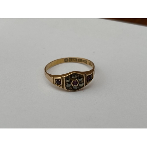 570 - A LATE VICTORIAN HALLMARKED CHESTER 1887, 15CT GOLD AND ENAMEL RING WITH RUBIES AND CLEAR STONES, SI... 