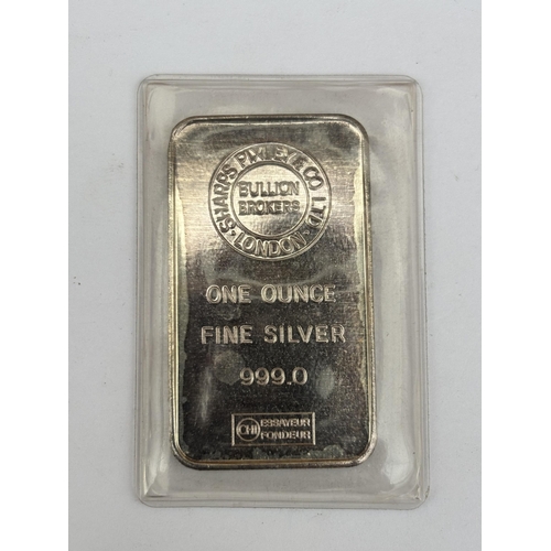 573 - A SHARPES PIXLEY & CO LTD ONE OUNCE FINE SILVER 999.0 SILVER BAR