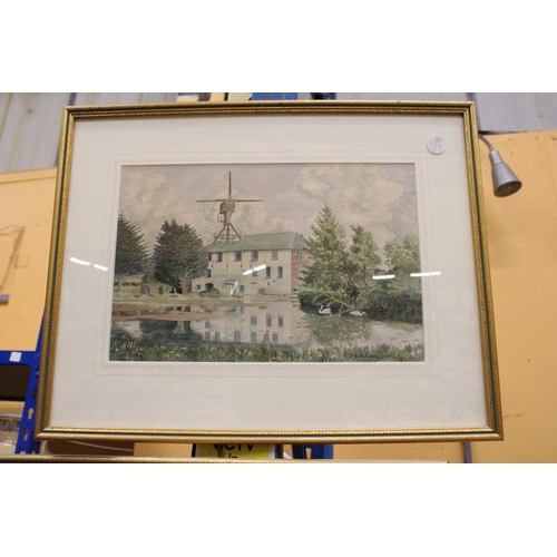 903 - TWO FRAMED WATERCOLOURS OF COTTAGES BY THE RIVER SIGNED E C WADLOW, ONE 1947, THE OTHER 1953