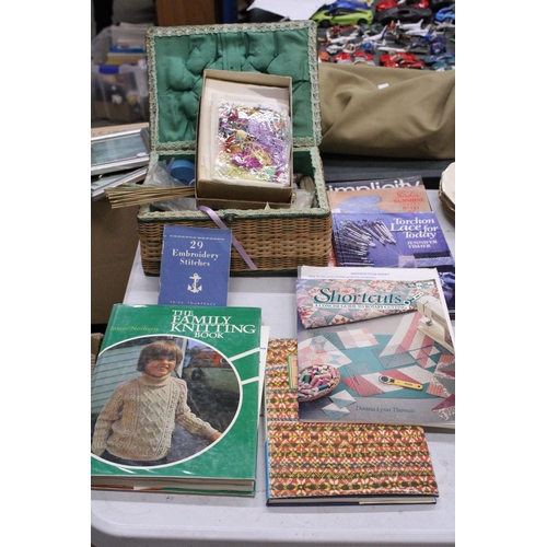 968 - A VINTAGE SEWING BASKET CONTAINING TAPESTRY THREADS, ETC PLUS A QUANTITY OF KNITTING, LACE BOOKS, ET... 