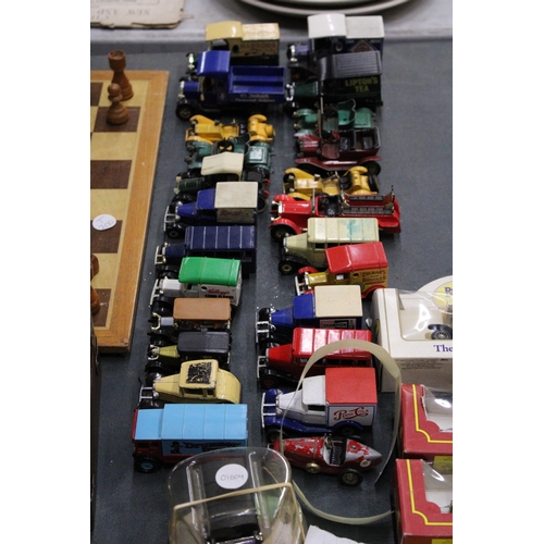 973 - THIRY ONE DIE-CAST VINTAGE STYLE VANS AND CARS TO INCLUDE LLEDO, MATCHBOX, CORGI, ETC