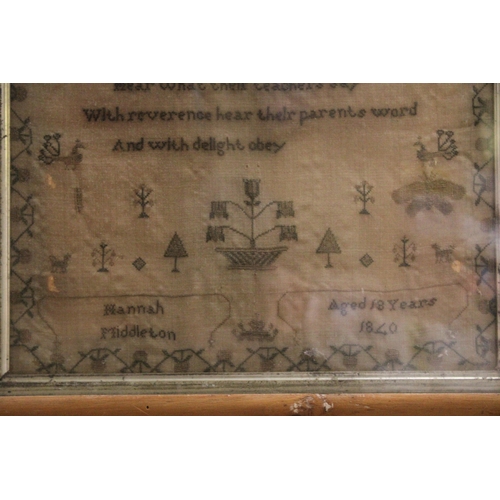 975 - AN ANTIQUARIAN SMPLER, DATED 1840 BY HANNAH MIDDLETON, AGED 18 YEARS - FRAMED AND GLAZED