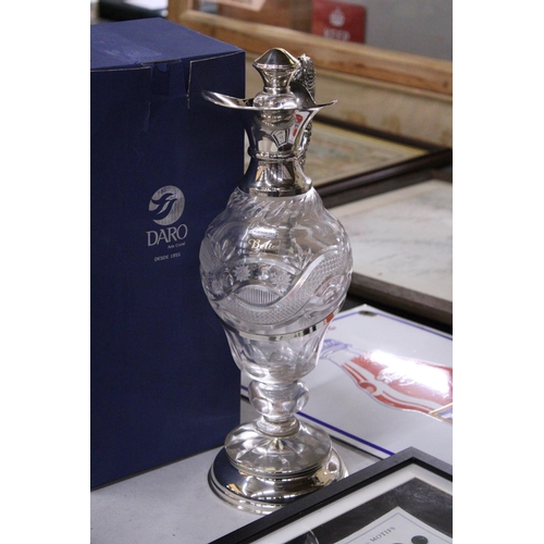 980 - A LARGE 'DARO' CRYSTAL EWER JUG WITH GLASS STOPPER AND SILVER PLATED TOP AND HANDLE - BOXED, HEIGHT ... 