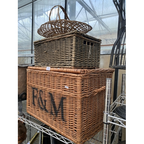 1605 - THREE VARIOUS WICKER BASKETS TO INCLUDE A FORTNUM AND MASON HAMPER ETC