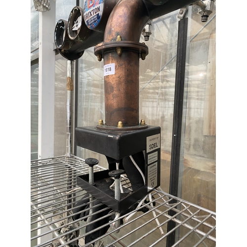 1618 - A COPPER SIX TAP BEER PUMP WITH FOUR BREWERY FRONTS