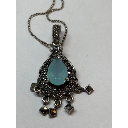 76 - A SILVER MARCASITE AND TURQUOISE STONE NECKLACE WITH MATCHING BRACELET