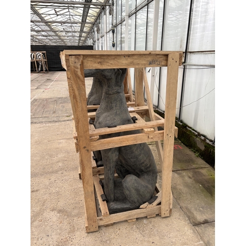 81 - A PAIR OF HEAVY CEMENT FIBRE SITTING GREY HOUND FIGURES (H:106CM)