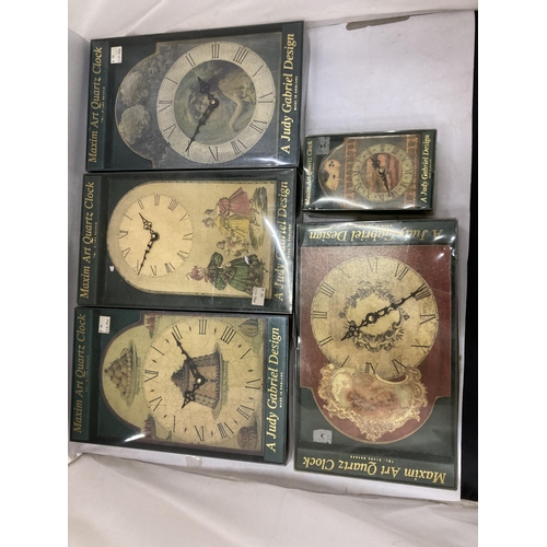 1194 - FOUR LARGE AND ONE SMALL, JUDY GABRIEL DESIGN MAXIM ART WALL CLOCKS - NEW IN BOXES