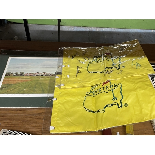 1198 - TWO 2007 MASTERS GOLF FLAGS, ONE WITH SIGNATURES PLUS A PRINT OF MUIRFIELD, SCOTLAND, THE 2002 OPEN ... 