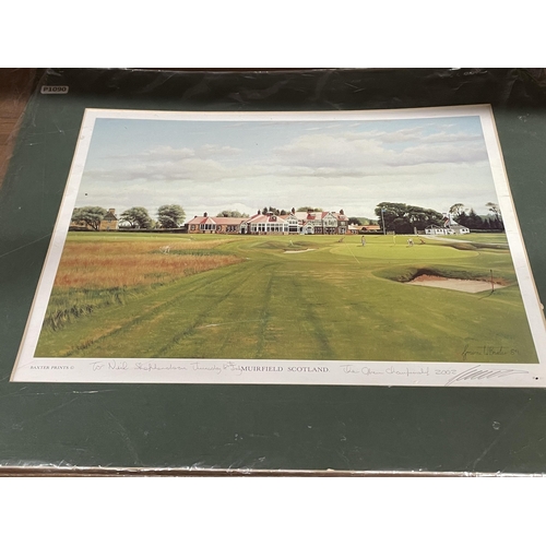 1198 - TWO 2007 MASTERS GOLF FLAGS, ONE WITH SIGNATURES PLUS A PRINT OF MUIRFIELD, SCOTLAND, THE 2002 OPEN ... 