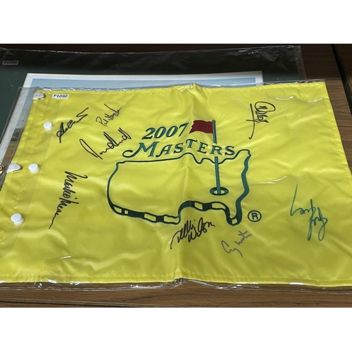 1198 - TWO 2007 MASTERS GOLF FLAGS, ONE WITH SIGNATURES PLUS A PRINT OF MUIRFIELD, SCOTLAND, THE 2002 OPEN ... 