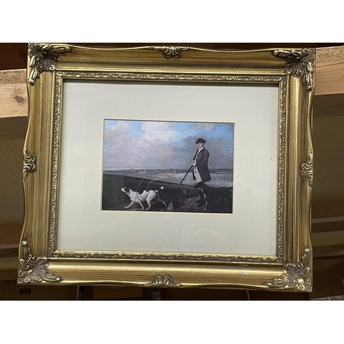 1222 - A GILT FRAMED PRINT OF A GENTLEMAN WITH GUN DOGS