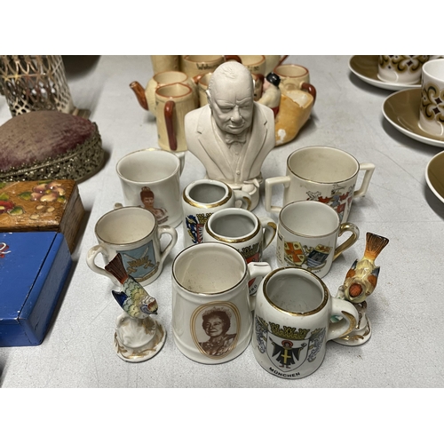 1229 - A COLLECTION OF VINTAGE CRESTED WARE PLUS TWO MINATURE BIRDS, SMALL BUST OF WINSTON CHURCHILL