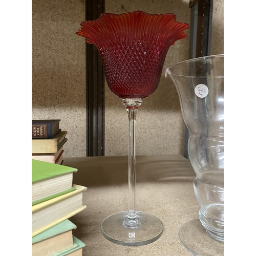 1234 - THREE LARGE CLEAR GLASS VASES AND A GLASS HOBNAIL TYPE RUBY BOWL ON A LONG STEM