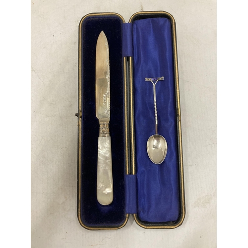 40 - SEVEN MARKED SILVER ITEMS TO INCLUDE THREE KNIVES ONE BOXED WITH A MOTHER OF PEARL HANDLE, THREE FOR... 