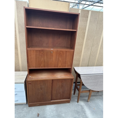 2926 - A RETRO TEAK COCKTAIL UNIT WITH DROP DOWN FRONT AND TWO SLIDINE DOORS TO BASE, 34