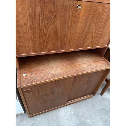 2926 - A RETRO TEAK COCKTAIL UNIT WITH DROP DOWN FRONT AND TWO SLIDINE DOORS TO BASE, 34