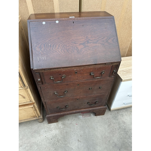 2928 - AN OAK GEORGE 111 STYLE BUREAU WITH THREE DRAWERS TO BASE ON BRACKET FEET, 26.5