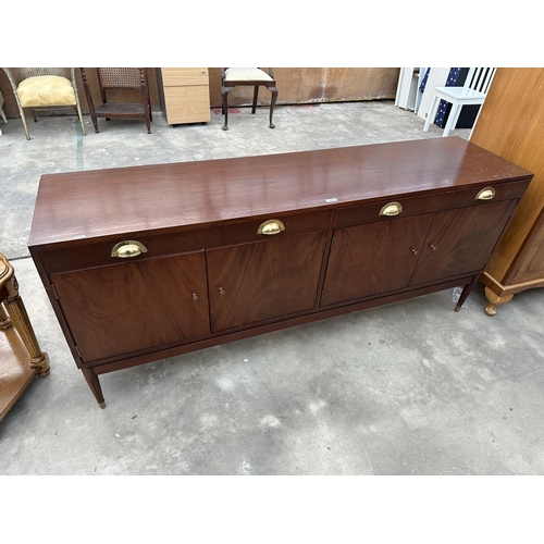 2935 - A GREAVES & THOMAS MAHOGANY SIDEBOARD ENCLOSING FOUR CUPBOARDS AND THREE DRAWERS WITH BRASS SCOOP HA... 