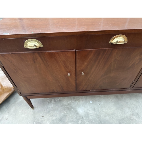 2935 - A GREAVES & THOMAS MAHOGANY SIDEBOARD ENCLOSING FOUR CUPBOARDS AND THREE DRAWERS WITH BRASS SCOOP HA... 