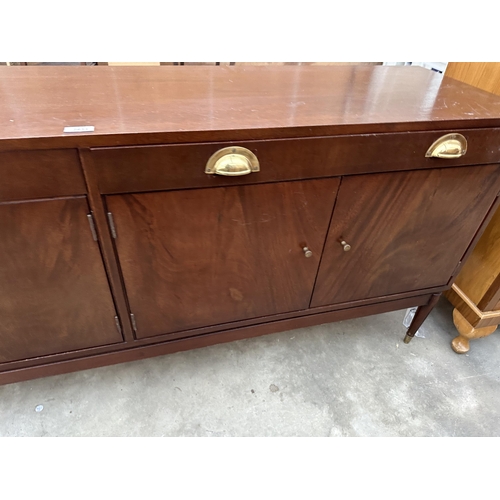 2935 - A GREAVES & THOMAS MAHOGANY SIDEBOARD ENCLOSING FOUR CUPBOARDS AND THREE DRAWERS WITH BRASS SCOOP HA... 