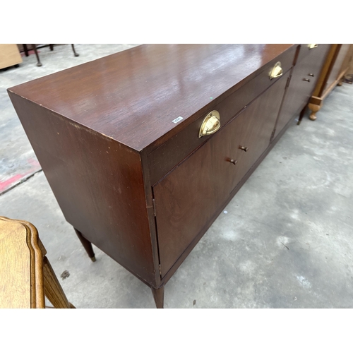 2935 - A GREAVES & THOMAS MAHOGANY SIDEBOARD ENCLOSING FOUR CUPBOARDS AND THREE DRAWERS WITH BRASS SCOOP HA... 