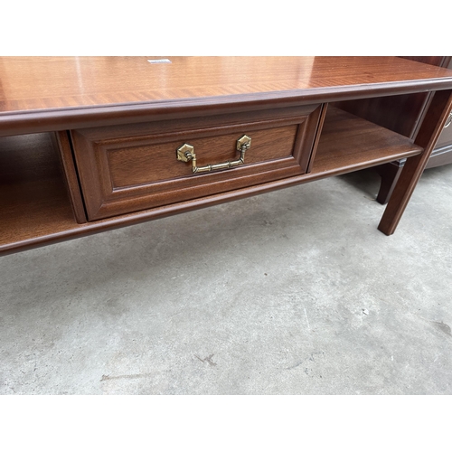 2949 - A G-PLAN MAHOGANY AND CROSSBANDED TWO TIER COFFEE TABLE WITH SINGLE PULL THROUGH DRAWER, 48