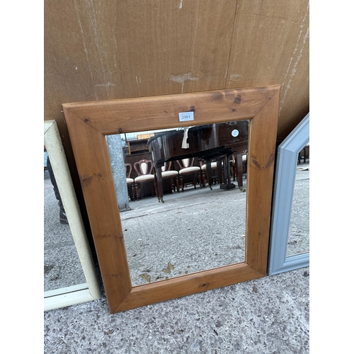 2981 - TWO GREY PAINTED WALL MIRRORS AND A PINE FRAMED MIRROR