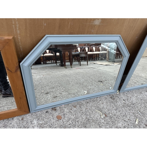 2981 - TWO GREY PAINTED WALL MIRRORS AND A PINE FRAMED MIRROR