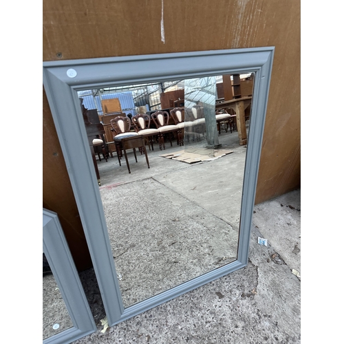 2981 - TWO GREY PAINTED WALL MIRRORS AND A PINE FRAMED MIRROR