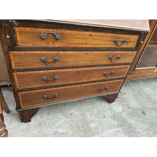 2986 - AN EDWARDIAN MAHOGANY AND INLAID ABSTRACT GLAZED TWO DOOR BUREAU BOOKCASE 38