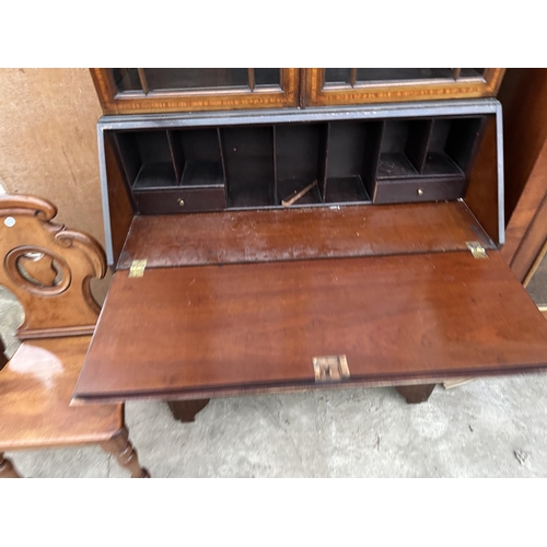 2986 - AN EDWARDIAN MAHOGANY AND INLAID ABSTRACT GLAZED TWO DOOR BUREAU BOOKCASE 38