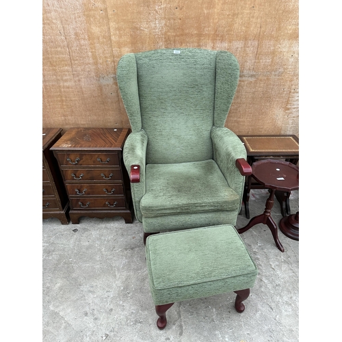 2994 - AN HSL WINGED FIRESIDE CHAIR AND STOOL ON CABRIOLE LEGS